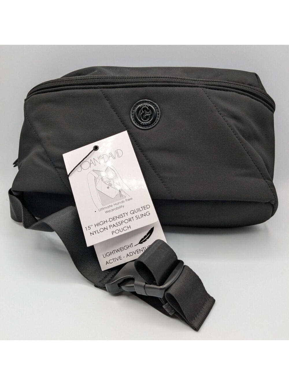 Joan & David 15" High-Density Quilted Nylon Passport Sling Pouch, Black, New